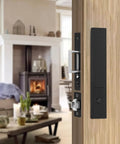 Pocket Door Lock Set With Edge Pulls And Hidden Handles For Sliding Doors Black Privacy Finish Fits Doors From One And Five Twelfths Inch To Two And Two Eighths Inch Thick Durable Pocket Door Hardware For Smooth Operation And Secure Privacy installed on wooden door