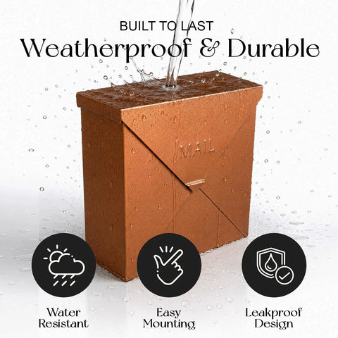 Outdoor Wall Mount Mailbox 10 Inch by 10 Inch by 4 Inch Heavy Duty Rustproof Galvanized Metal Weatherproof Mailbox for House Exterior Waterproof With Wraparound Lid and Triple Leakproof Hinges Chicago Style shown with water pouring to demonstrate durability.