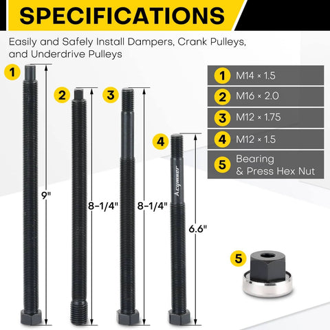 Five Piece Long Reach Harmonic Balancer Installation Tool Kit components with extended forcing rods and bearing, for GM Dodge V8 V6 engines.