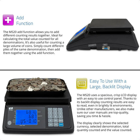 MS20 Coin Counting Scale For Cash And Currency, Fast Value And Count, Counts USD Euro CAD GBP with coins and LCD display