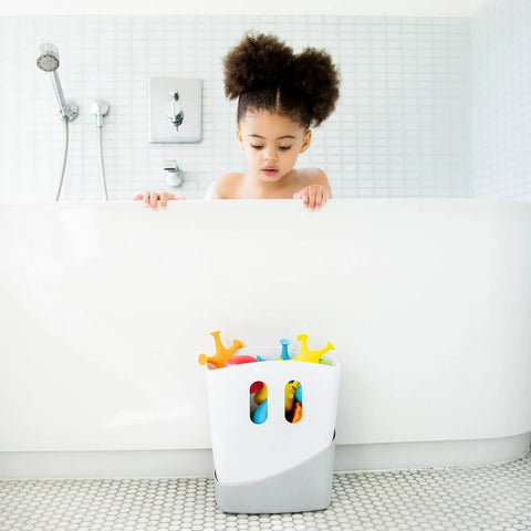 Freestanding Bath Toy Drying Bin With Quick Drain Base, Real No Mess Game Changer For Keeping Kids Toys Snappy And Mold Free, slick gray plastic caddy filled with colorful bath toys in a bathtub setting.