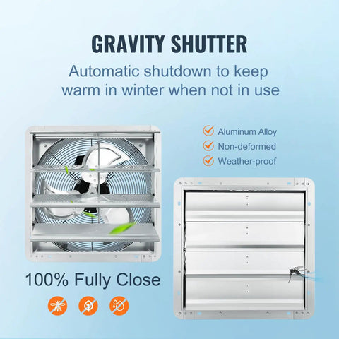 Powerhouse 16 Inch Shutter Exhaust Fan with AC Motor, gravity shutter, aluminum alloy, automatic shutdown, wall mount, FCC listed