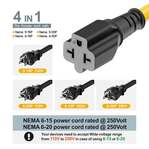 Beefy 12AWG 15A To 20A 125V 250V 4-In-1 AC Power Adapter Cable NEMA 5-15P To 5-15R 5-20R 6-15R 6-20R outlet types