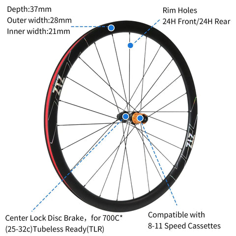 Ultralight 700C Carbon Road Wheelset With Front 37mm And Rear 46mm Depth, 24H Clincher Rims, Center Lock Disc Brake, Front Wheel