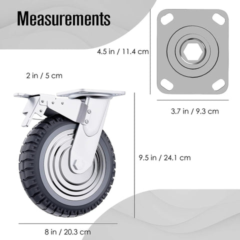 Houseables 8-inch swivel caster wheel with rubber tire; side view showing mounting plate, set of 4