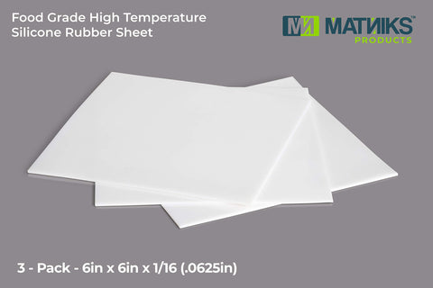 Heavy Duty Food Grade Silicone Rubber Sheets 6By6 Inch 16Thick White 3Pack, stacked sheets on a gray background.