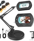 10X Magnifying Lamp With Stand And LED Light 2 In 1 Pro Grade Hands Free Desk Clamp Lamp showing lens and color modes