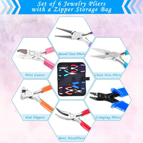 Beading And Jewelry Making Tools Kit 6 Piece Set With Needle Nose Pliers Round Nose Pliers Bent Nose Pliers Wire Cutters