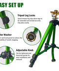 Impact Sprinkler On Tripod Base With Brass Head, 360 Degree Coverage, showing leg locks, filter washer, and adjustable knob details
