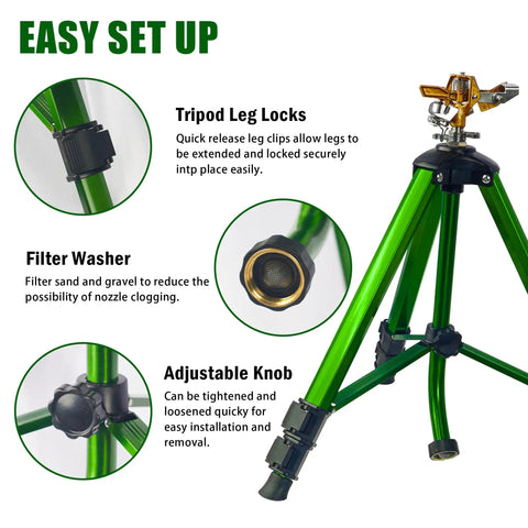 Impact Sprinkler On Tripod Base With Brass Head, 360 Degree Coverage, showing leg locks, filter washer, and adjustable knob details