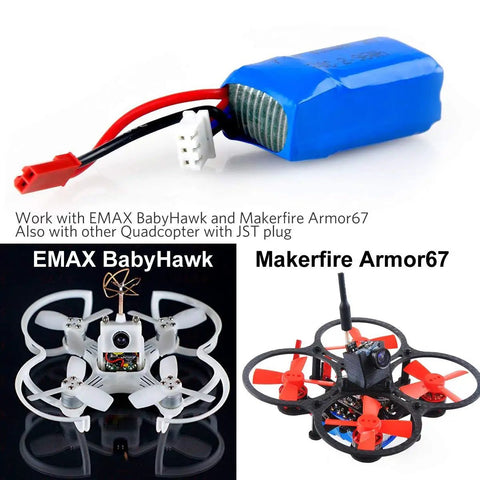 Ultra Compact 400mAh 2S 7.4V 30C LiPo Battery Pack With JST Plug shown with EMAX Babyhawk and Makerfire Armor67