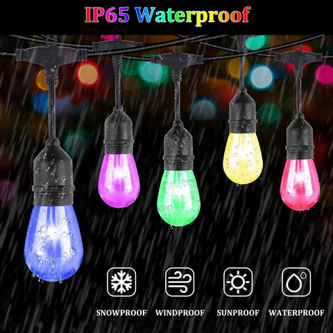 100Ft RGB String Lights With Dimmable Remotes, Waterproof Outdoor Lighting, 32 Plastic Bulbs, Ideal For Patio, Backyard, Bistro Ambience, Garden Decor And Holiday Party Vibes