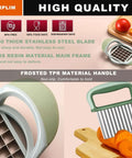 Front view of two-piece crinkle cutter and potato cutter set with stainless steel blades and green handles