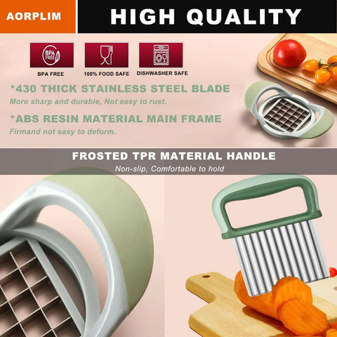Front view of two-piece crinkle cutter and potato cutter set with stainless steel blades and green handles