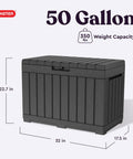 Kentwood 50 Gallon Resin Deck Box For Outdoor Storage And Organization Of Patio Cushions Pillows Beach Towels And Garden Tools In Dark Grey Weatherproof Durable Rustproof For The Backyard Crew shown with dimensions