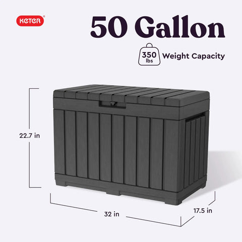 Kentwood 50 Gallon Resin Deck Box For Outdoor Storage And Organization Of Patio Cushions Pillows Beach Towels And Garden Tools In Dark Grey Weatherproof Durable Rustproof For The Backyard Crew shown with dimensions