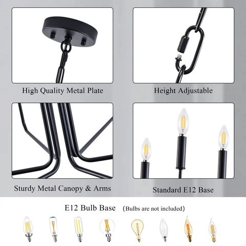 Close-up of Matte Black Farmhouse Chandelier With Six Lights Modern Industrial Candle Pendant components and bulb options.