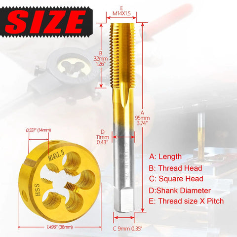 M14 X 1.5 Metric Tap And Die Set Right Hand With M2 HSS Tap And Round Die, Tap Length 95mm, Die OD 38mm, Size Details