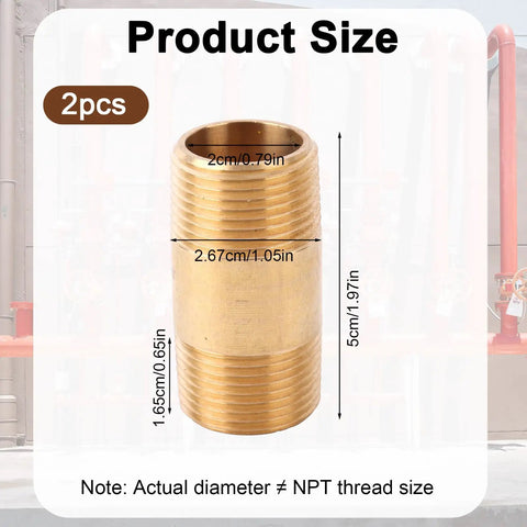 Two Pack Brass Pipe Fittings Three Quarters Inch NPT Male To Three Quarters Inch NPT Male Long Nipples Hose Adapter with measurements