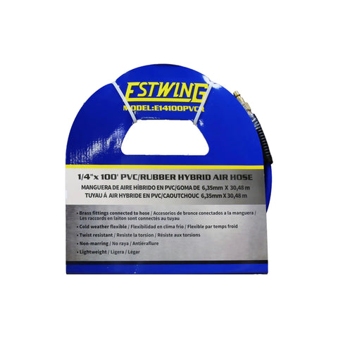 Image of packaging for One Quarter Inch By One Hundred Foot PVC And Rubber Hybrid Air Hose With Brass Fittings, Kink Resistant And Bend Resistant.