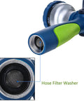Close-up of Beefy All Metal Heavy Duty Fireman Style Garden Hose Nozzle with green ergonomic handle and hose filter washer visible.