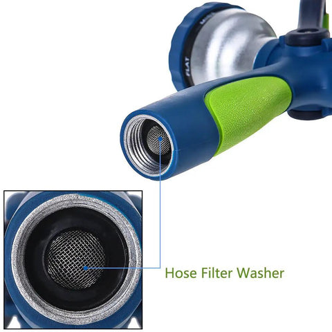 Close-up of Beefy All Metal Heavy Duty Fireman Style Garden Hose Nozzle with green ergonomic handle and hose filter washer visible.