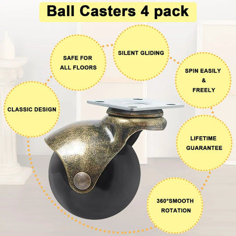 Heavy Duty 2 Inch Ball Casters With Silent Polypropylene Wheels And Antique Brass Swivel Plates Set Of 4 for easy gliding action