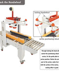 Close-up of Intsumai Auto Tape Case Sealer Box Carton Packing Machine features, showing locking handwheel and carton positioning wheel for tape application.