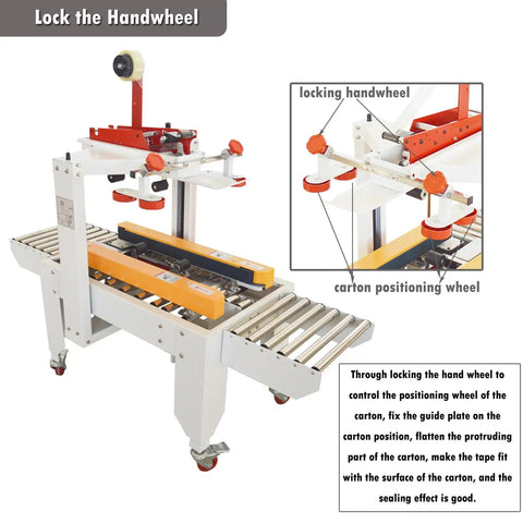 Close-up of Intsumai Auto Tape Case Sealer Box Carton Packing Machine features, showing locking handwheel and carton positioning wheel for tape application.
