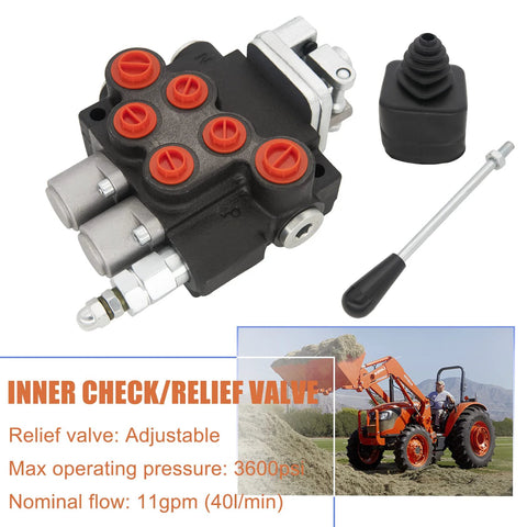 Hardworking Two Spool Hydraulic Directional Control Valve With 11 GPM Joystick For Small Tractors And Loaders, shown with relief valve specs
