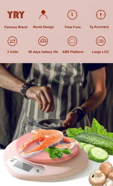 Pink Kitchen Scale With Large LCD Display And Tare Function 11 Lb Capacity 0.03 Oz Graduation in use with vegetables and salmon