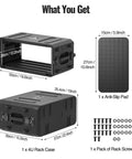 4U Shallow 19 Inch Rackmount Case With Detachable Front And Back Covers, anti-slip pad, and rack screws dimensions in black.