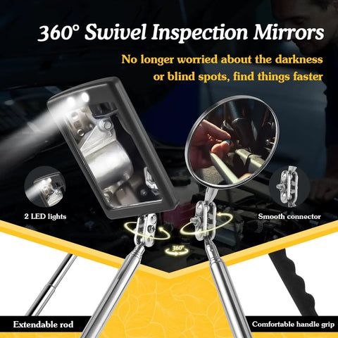 360 Degree Flexible Magnetic Flashlight And Telescoping Magnetic Pickup Tool Kit with 360° swivel inspection mirrors