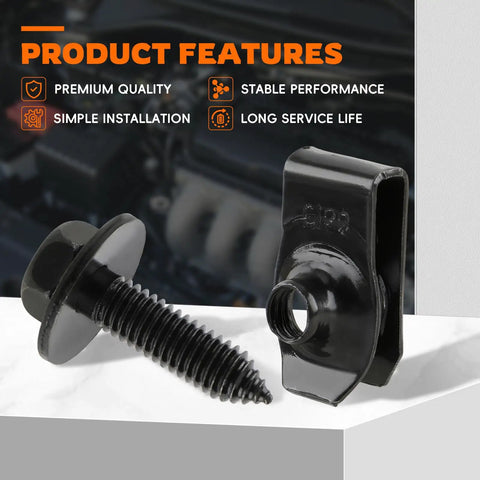 One Quarter Inch Body Fastener Kit With Twenty Five Bolts And Twenty Five U Nut Clips For Fender Engine Cover And Splash Shield