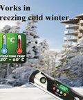 Waterproof IP67 Digital Torpedo Level with Protractor Magnetic Back LED Bright Display on snowy outdoor backdrop.