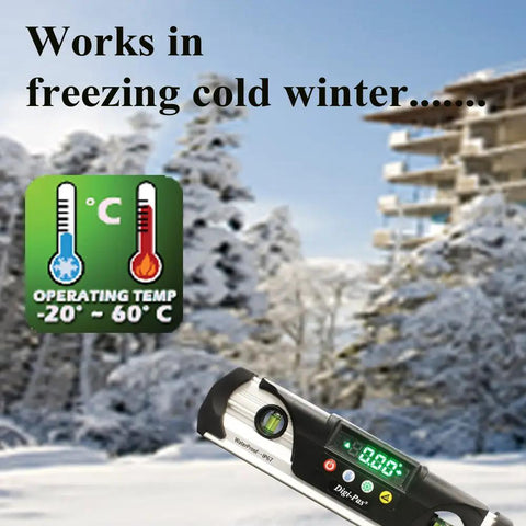 Waterproof IP67 Digital Torpedo Level with Protractor Magnetic Back LED Bright Display on snowy outdoor backdrop.
