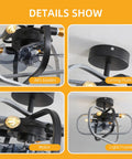 Details of 18-Inch Caged Ceiling Fan With Lights and Remote Control, including blades, motor, ceiling plate, and light frame.
