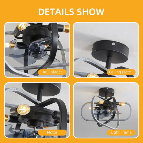 Details of 18-Inch Caged Ceiling Fan With Lights and Remote Control, including blades, motor, ceiling plate, and light frame.