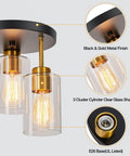 Black And Gold Semi Flush Mount Ceiling Light Three Light Fixture With Clear Glass Shades for Hallway Entryway and Bedroom