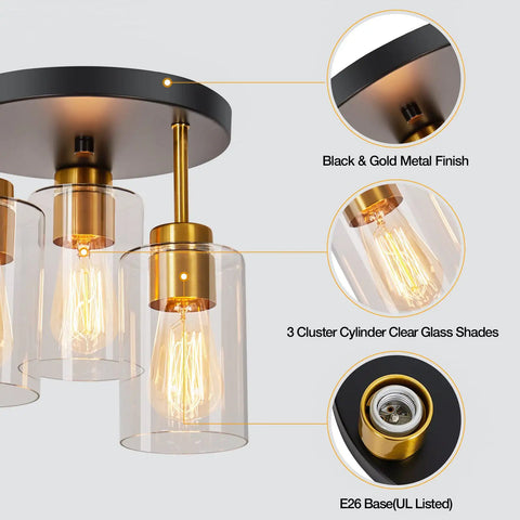 Black And Gold Semi Flush Mount Ceiling Light Three Light Fixture With Clear Glass Shades for Hallway Entryway and Bedroom