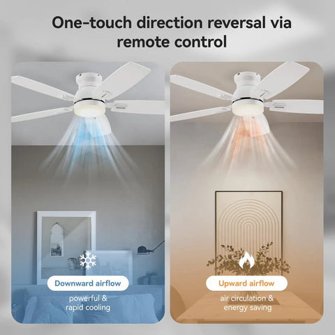 42 Inch Ceiling Fan With Light And Remote And App Control, Low Profile Flush Mount, Double Sided Blades, Airflow Directions