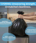 Heavy Duty 55 to 60 Gallon Trash Bags Thick 2.1 Mil 39 by 55 Inch Garbage Liners in use, kitchen setting, showing bag strength.