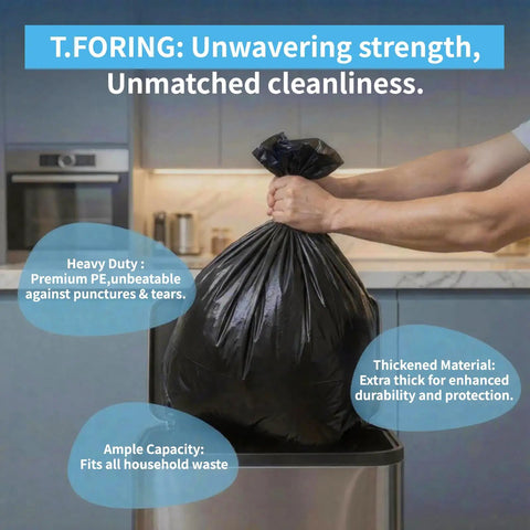 Heavy Duty 55 to 60 Gallon Trash Bags Thick 2.1 Mil 39 by 55 Inch Garbage Liners in use, kitchen setting, showing bag strength.