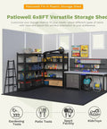 Interior of Resin Outdoor Storage Shed With Floor, Lockable Door And Window, Weather-Resistant 6X8 Ft Garden Shed with tools and shelf