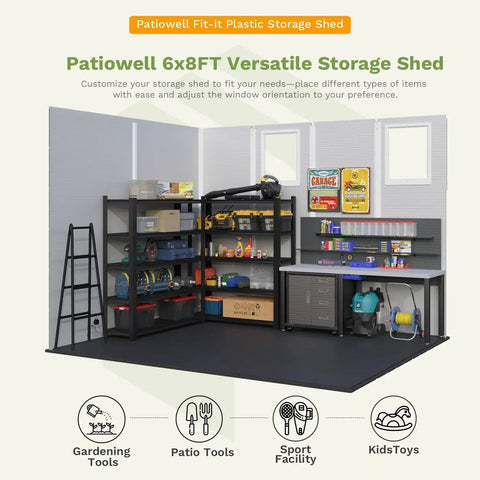 Interior of Resin Outdoor Storage Shed With Floor, Lockable Door And Window, Weather-Resistant 6X8 Ft Garden Shed with tools and shelf