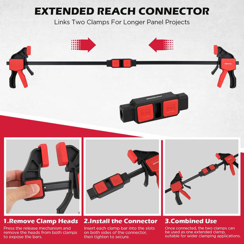 Three-Piece 12-Inch Bar Clamps Set With Quick Release Clamp Connector and Spreader One-Handed Trigger Clamps for woodworking.