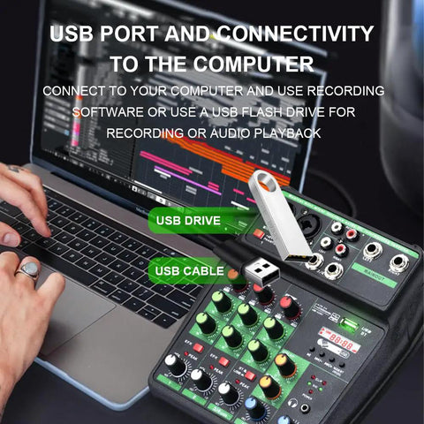 Person connecting 4 Channel Pro DJ Mixer With 99 DSP Effects, Bluetooth Streaming, USB Recording, U Disk Playback to laptop