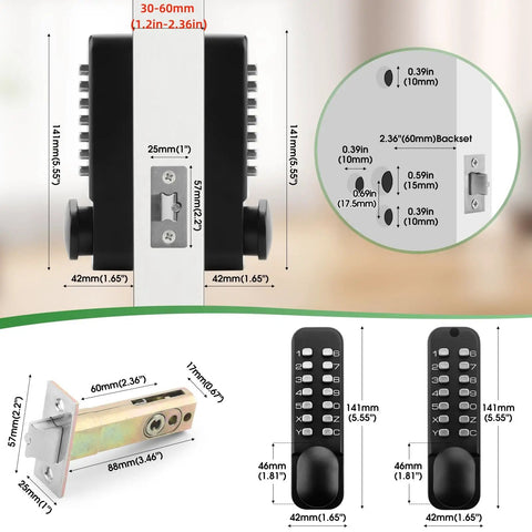Mechanical Keyless Entry Door Lock With Double Sided Keypad And Lever Handle For Front Gate Auto Locking Interior Exterior Push Button Code Matte Black No Battery Required dimensions and components diagram