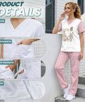 Woman modeling Teeth Print Stethoscope Scrubs Set for Women in Pink, 3-Piece Medical Uniform with fabric details and pockets shown
