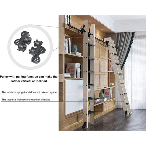 Heavy Duty Wrought Iron Sliding Library Ladder Track Hardware Kit Runs Buttery Smooth With Top Roller Pulleys And Floor Guide Wheels Built Tough As Nails For Wall Mount Bookshelf Storage Nine Point Eight Foot